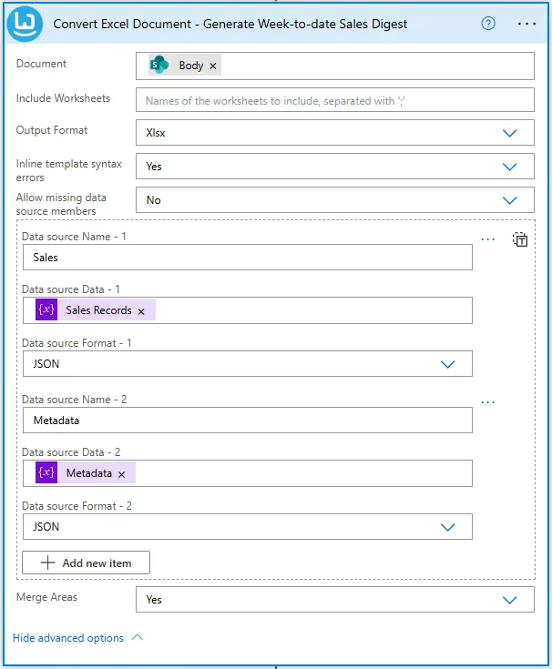 Build a Doc Convert Excel Document action with Sales & Metadata data sources