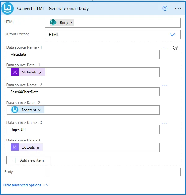 Build a Doc Convert HTML action with Metadata, Base64ChartData, DigestUrl data sources
